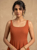 Rust Orange Golden Polka L-Print Sleeveless Anarkali Set