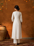 Women's Beige Kurta Set Embroidered V-Neckline And Side-Pocket