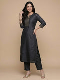 Varanga Women Navy Blue Woven Zari Embroidered Straight Kurta With Bottom And Dupatta