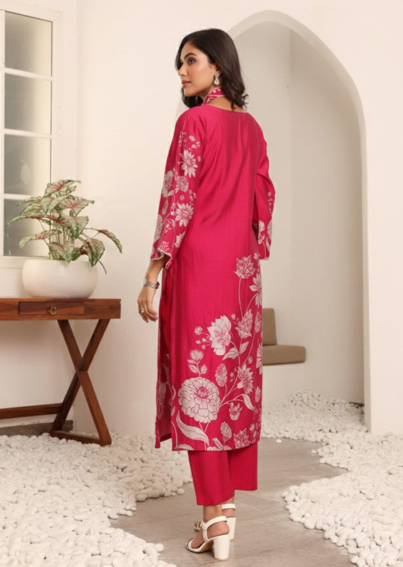 Varanga Women Fuchsia Pink Floral Printed Gota Detail Flared Sleeve Kurta With Solid Trouser