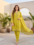 Kurta Set With 3D Work On The Sleeves Paired With Solid Trousers And Dupatta.