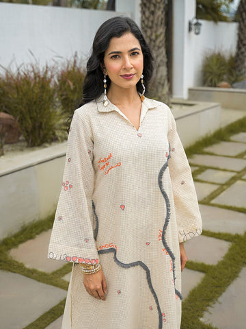 Mixed-Pattern Botanical Long-Line Kurta Set