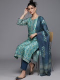 Varanga Women Blue Floral Printed Kurta, Round Neck Straight Kurta Paired With Tonal Bottom And Printed Dupatta.