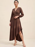 Brown Wrap Dress With A Flattering High-Low Silhouette .