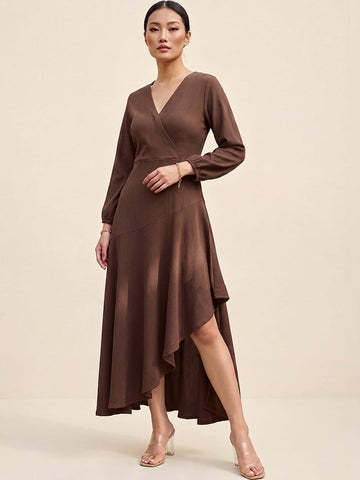 Brown Wrap Dress With A Flattering High-Low Silhouette .