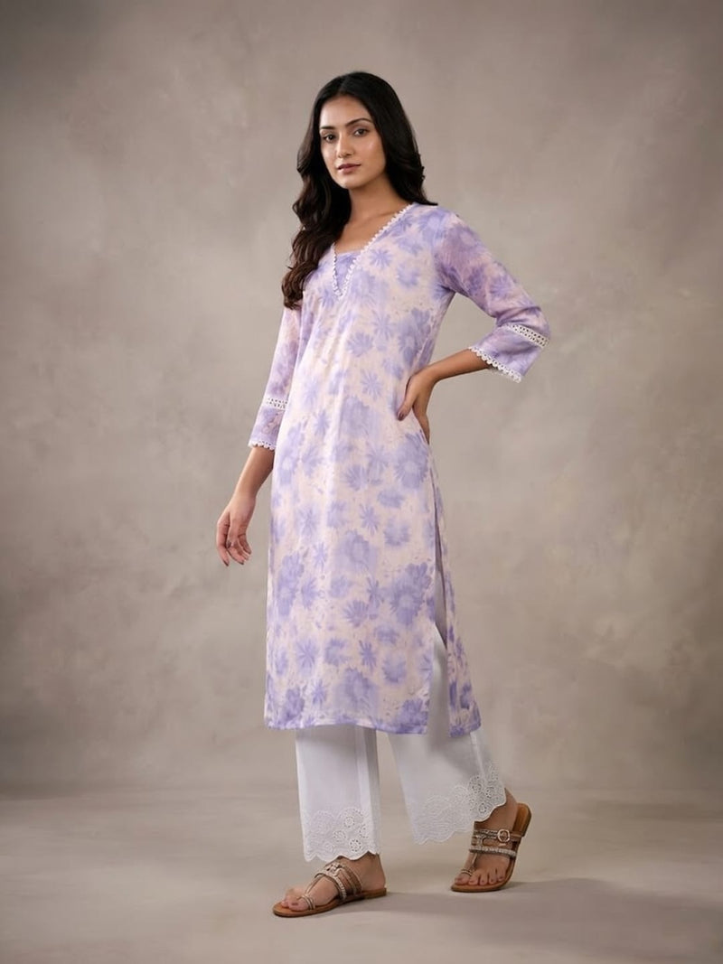 Varanga Women Lavender Floral Printed V- Neck Three Quarter Sleeve Straight Kurta.