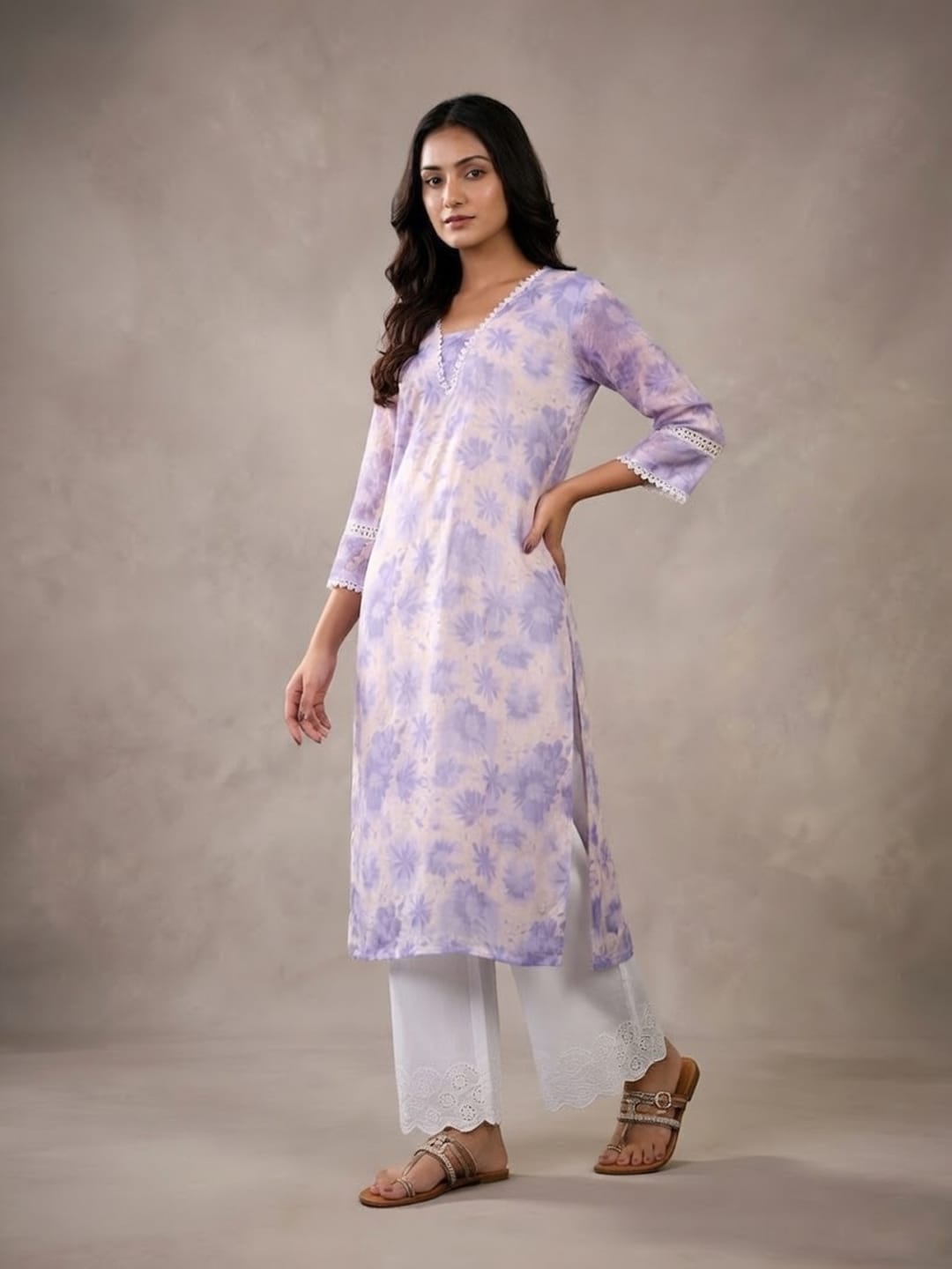 Varanga Women Lavender Floral Printed V- Neck Three Quarter Sleeve Straight Kurta.