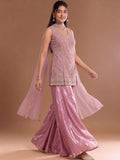 Mauve Embroidered Kurta Set Featuring Zari And Sequin Work With A Matching Flared Palazzo And Embellished Dupatta