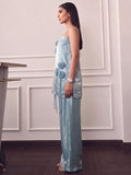 Icy Blue Square-Neck Top With Statement 3D Rose Paired With Wide-Leg Trousers