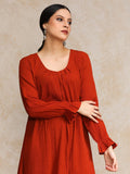 Varanga Women Rust Colour, Bishop Sleeve A-Line Kurta Paired With Tonal Bottom