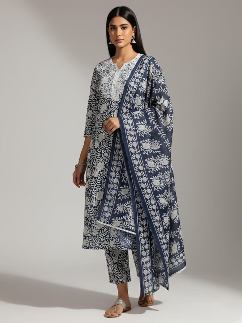 Varanga Women Ethnic Floral Printed Kurta With Trouser & Dupatta