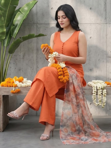 Sleeveless Orange Kurta with Floral Dupatta and Pants