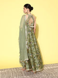 Varanga Women Green Floral Printed Sequinned Silk Anarkali Kurta With Dupatta