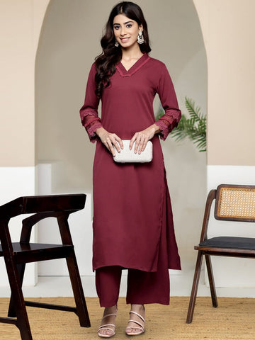 Varanga Women Maroon V Neck, Three Quater Sleeves With Tonal Cotton Lace Straight Kurta Paired With Tonal Bottom