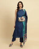 varanga blue women round neck kurta with trousers with dupatta