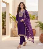 Varanga Women Zari Embroidered Yoke Kurta With Trouser & Sequins Detailed Dupatta