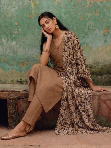 The Roasted Mocha Women's Kurta Set With Sequinned Floral Dupatta