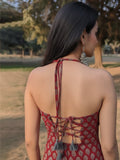 Rust Halter-Neck Backless Block Print Kurti