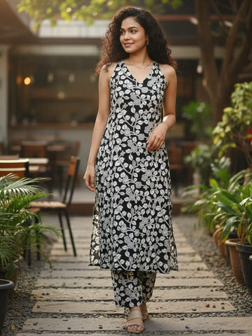 Sleeveless halter-neck floral kurta set in black and white tone, styled with printed full-length trousers.