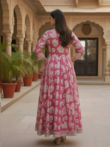 Blooming Fuchsia Hand-Block Print Cotton Anarkali Set