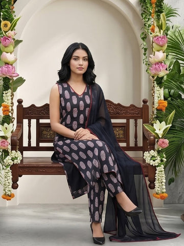 Black Sleeveless Kurta Set with Printed Trousers & Chiffon Dupatta