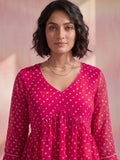 Women's Pink Bandhani Print Peplum Top With V-Neck And Gota Work Detailing