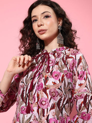 varanga women pink floral printed puff sleeves kurta