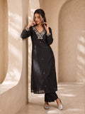 Black Mirror-Work Kurta Set With Trouser And Dupatta