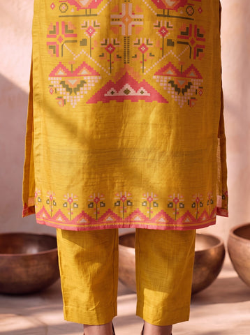 Mustard Kurta Set Featuring Artistic Prints And A Statement Dupatta