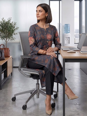 Floral Print Round-Neck Kurta With Regular Pant