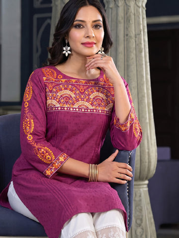 Women's Purple Yoke Embroidered Straight Kurta