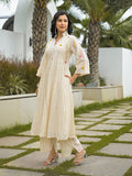 Women's Cream Embroidered A-Line Anarkali Kurta and Wide-Leg Trouser Set