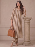Women Brown Striped Shirt Collar Kurta Set