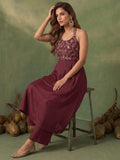 Womens Maroon Halter-Neck Embroidered Anarkali Set