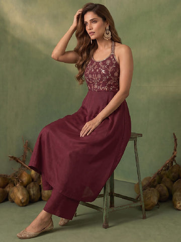 Womens Maroon Halter-Neck Embroidered Anarkali Set