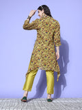 Varanga Women Green Floral Printed Regular Sequinned Pure Silk Kurta with Trousers
