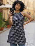 Varanga Navy Blue Stylish Open-Back  Short Kurti with Ajrakh Print