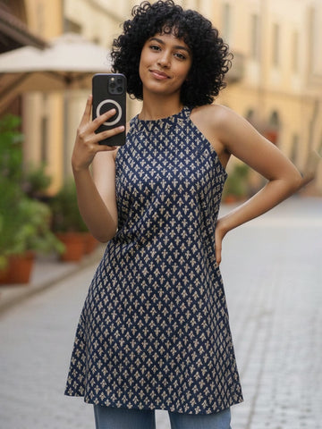 Varanga Navy Blue Stylish Open-Back Short Kurti with Ajrakh Print