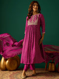 Bandhani-Printed Anarkali With Zari-Embroidered Yoke, Paired With Solid Trousers And Dupatta