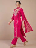 Kurta Adorned With Thread Embroidery, Teamed With Trousers And Paired With Dupatta Featuring Lace Detailing