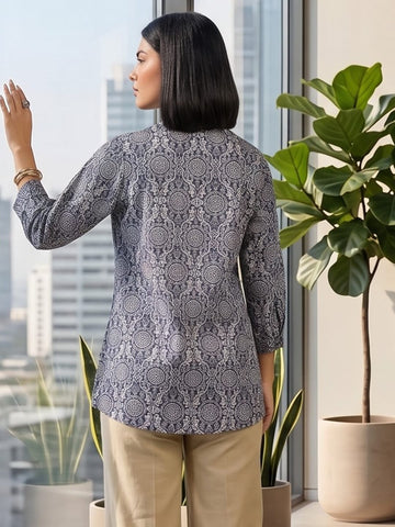 Navy Coloured Slim Collar Long Sleeves Floral Shirt