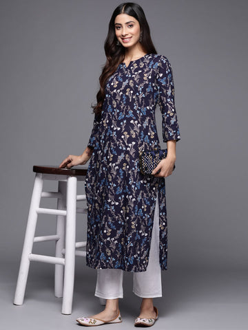 Varanga Women Navy Blue And Grey Floral Printed Indigo Kurta