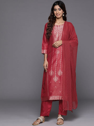 Varanga Women Rust Jacquard Weave Kurta With Bottom And Dupatta