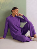 Women Purple Solid Relaxed-Fit Shirt & Wide-Leg Co-Ord Set