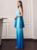 Ombere Blue V Halter Neckline Set And Flowy Wide-Leg Pants