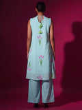 Sky Blue Tulip Print Halter Neck Kurta Set With Wide-Leg Trousers