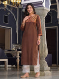 Women's Brown Yoke Embroidered Straight Kurta