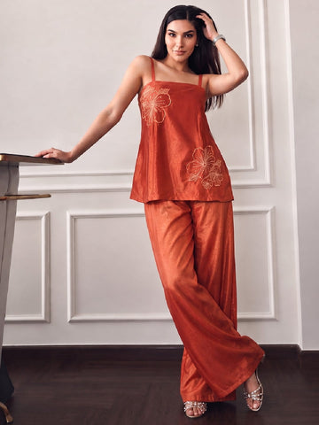 Varanga Women Floral Embroidered Regular Thread Work Silk Crepe Top with Palazzos