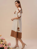 Off-White Color-Block A-Line Dress Featuring Handcrafted Floral Appliqué Work