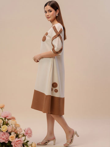 Off-White Color-Block A-Line Dress Featuring Handcrafted Floral Appliqué Work